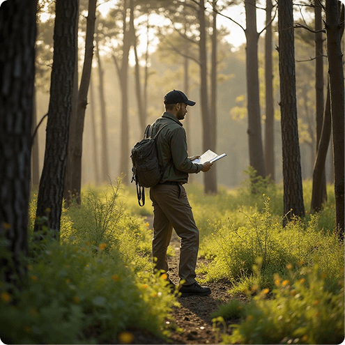 Man in forest looking at a map, representing land stewardship